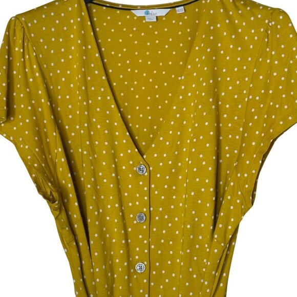 Boden Frances Jersey Midi Dress Yellow Polka Dot Tie Waist Button Front Size 16R - Picture 4 of 11